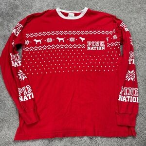 PINK Victoria's Secret Women's XS Red Long Sleeve Pink Nation Winter Red Shirt